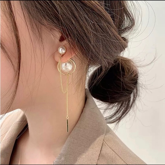 None Jewelry - New Double Sided Pearl Long Tassel Earrings